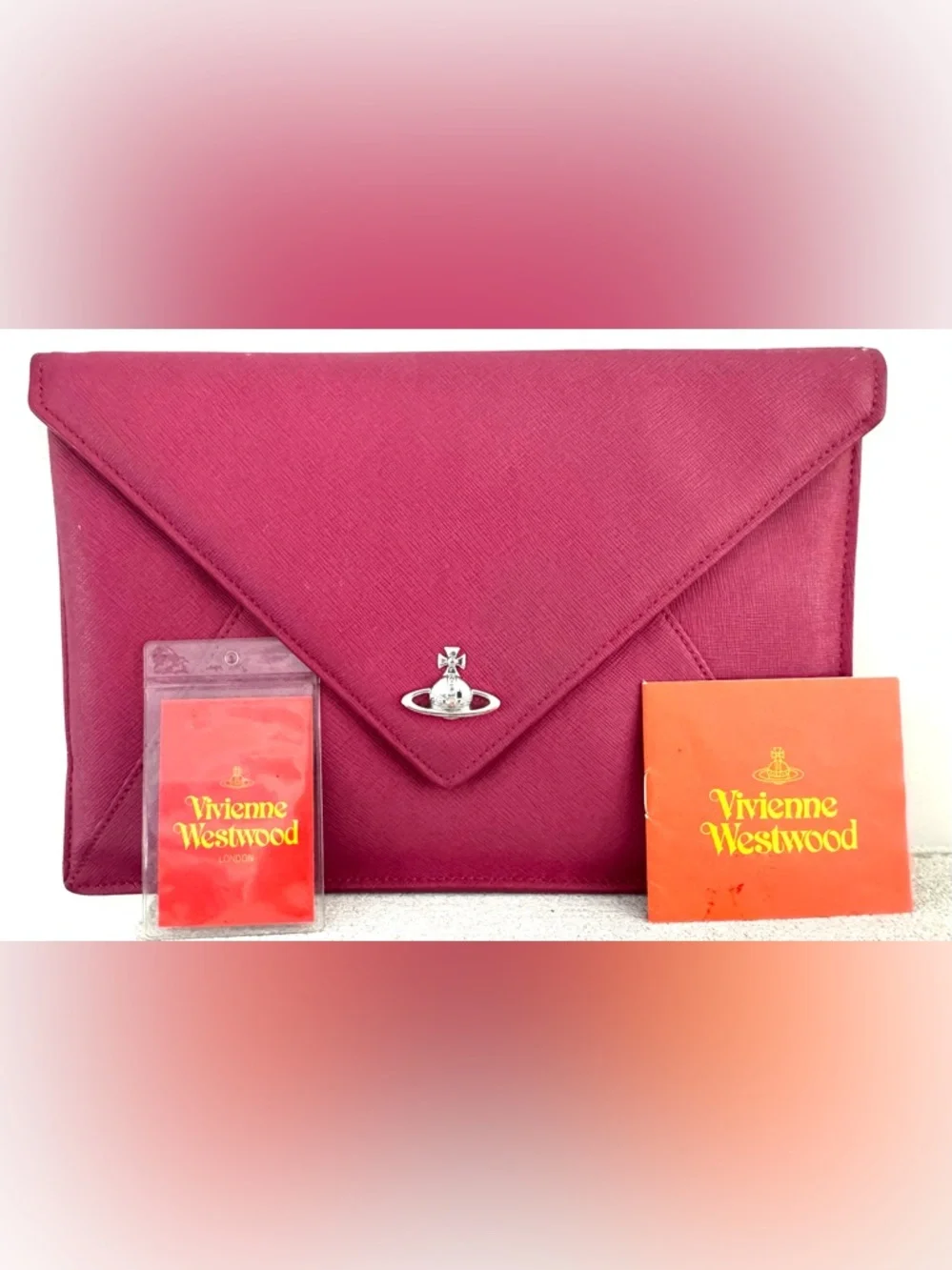 VIVIENNE WESTWOOD Pink Envelope Clutch Bag Orb Logo Leather Wallet Pouch - Picture 2 of 13